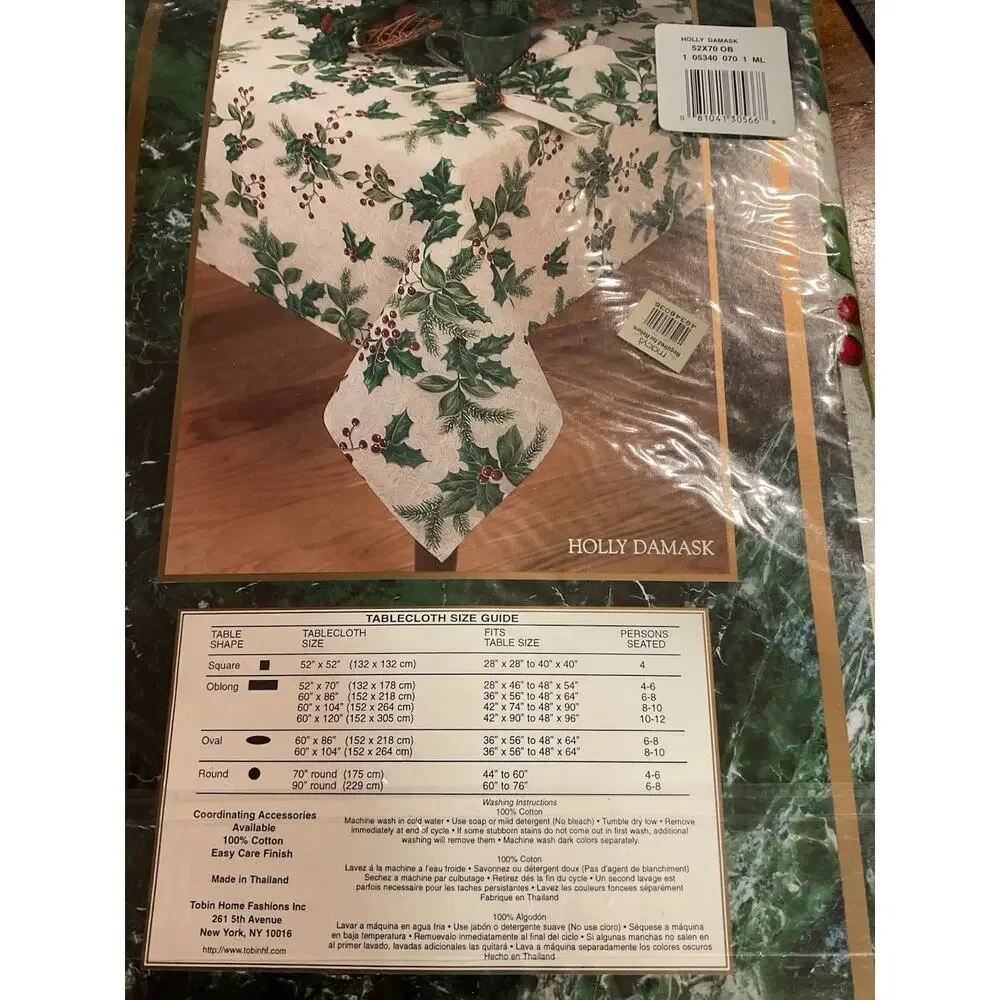 Holiday Tablecloth Holly Damask Berries Cotton 60” x 70” Oblong NIP